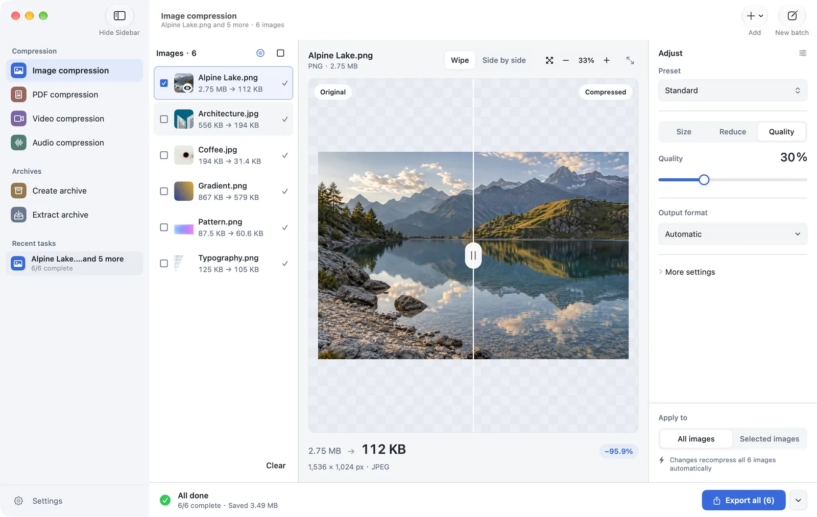 PubToo บน Mac บีบอัด Alpine Lake.png จาก 2.75 MB เหลือ 112 KB
