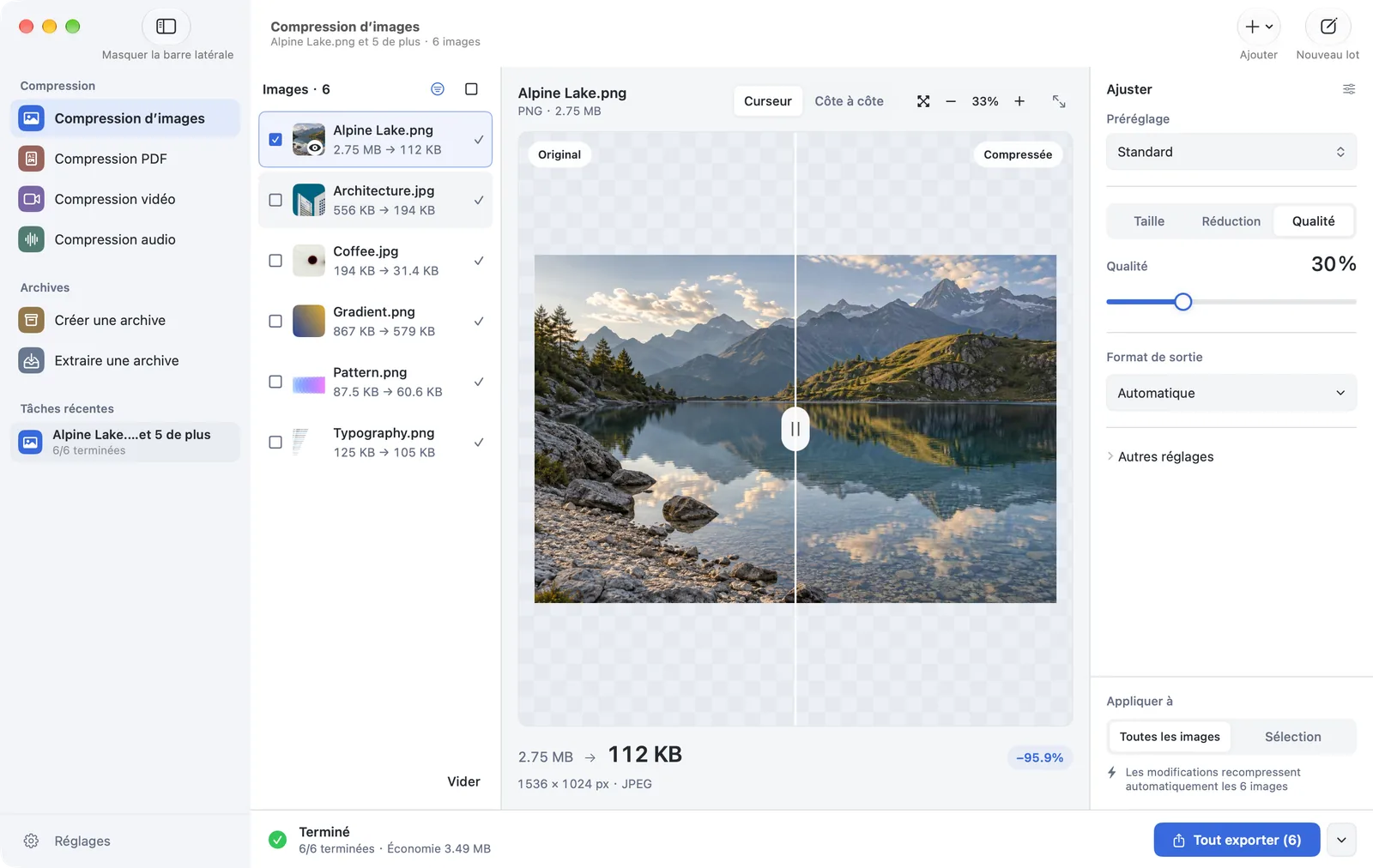 PubToo pour Mac compresse Alpine Lake.png de 2,75 Mo à 112 Ko