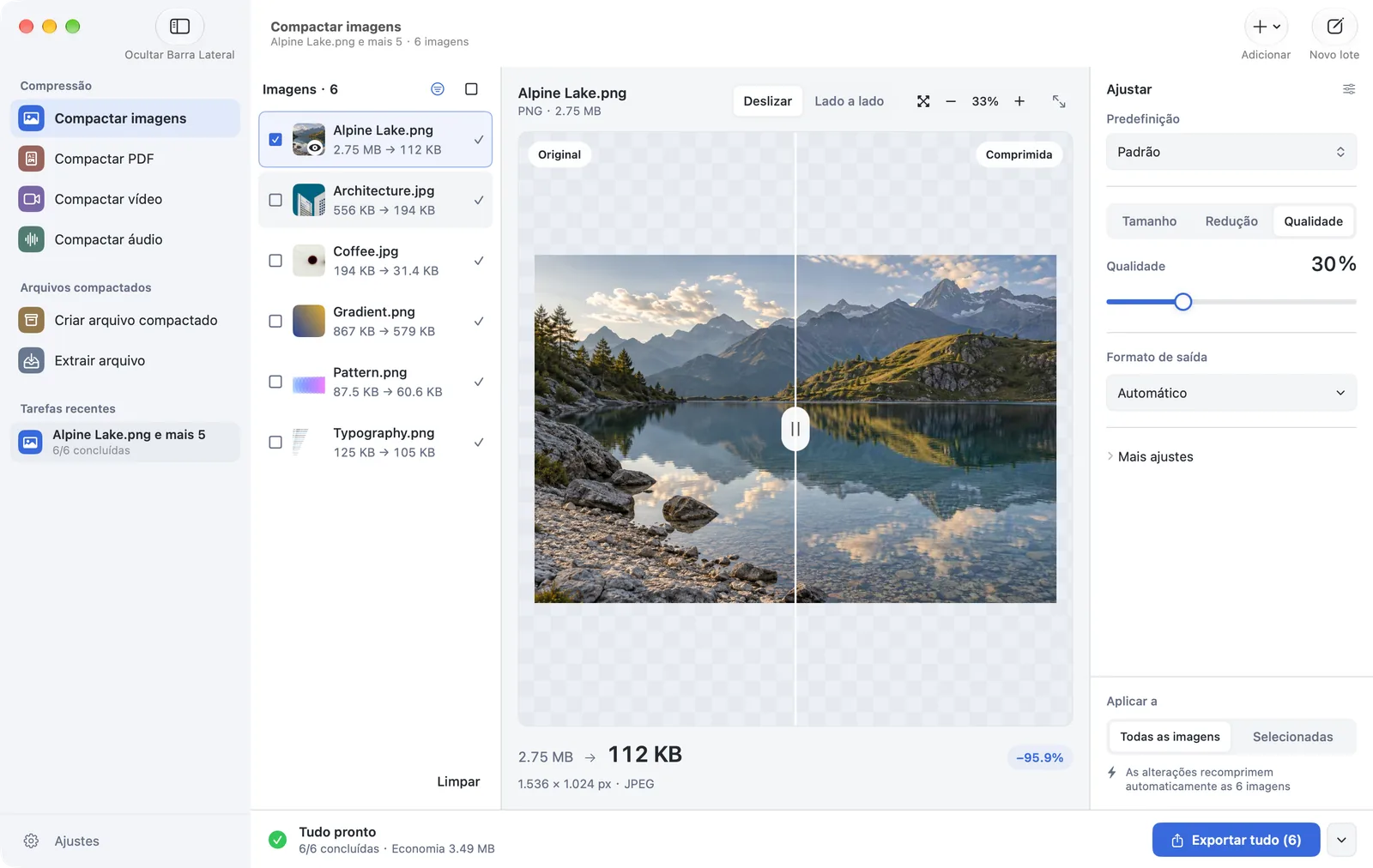 PubToo para Mac compactando Alpine Lake.png de 2,75 MB para 112 KB