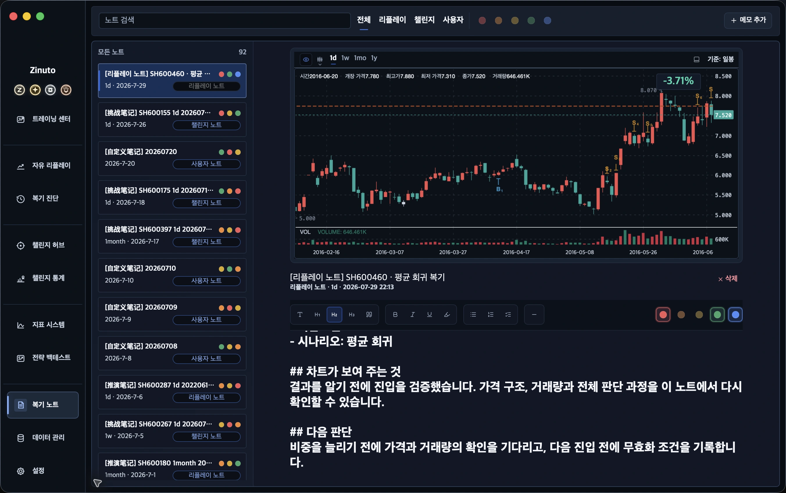 차트, 거래와 생각을 함께 기록: 당시 판단 논리를 기록하고 문제가 생기면 언제든 돌아보세요